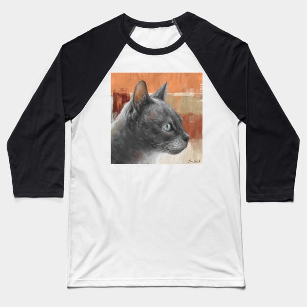 Painting of a Grey Cat with Teal Colored Eyes, in Retro Orange Background. Baseball T-Shirt by ibadishi